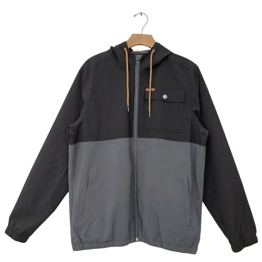 Voyager Windbreaker Jacket Mens Medium Gray Black Hooded Full Zip Waterproof